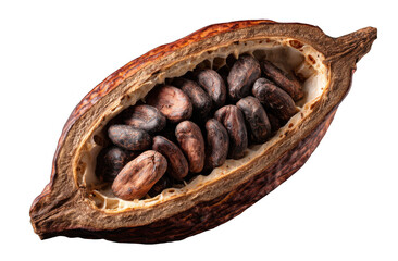 A close-up of a cacao pod cut open revealing the dark seeds inside with a textured outer shell and natural appearance
