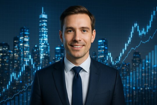Confident businessman in suit smiling against night city skyline with financial graphs and glowing data charts in background. Ai generative. Ai generative