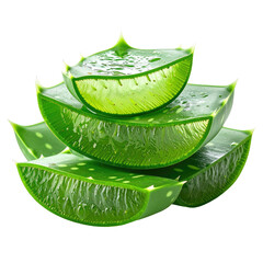 Sliced aloe vera. Translucent, green succulent stacked on a black background