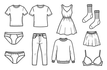 Naklejka premium Minimalist Sock and Clothing Doodle Illustration - Black Line Art Vector