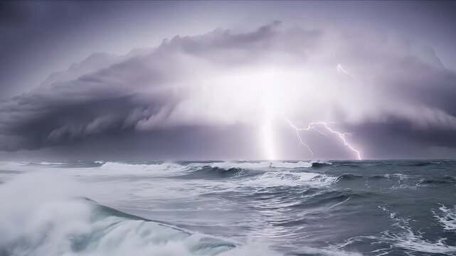 A dramatic wide shot captures a powerful thunderstorm raging over a turbulent ocean. Massive, dark storm clouds dominate the sky, appearing heavy and ominous, creating an intense and foreboding atmosp