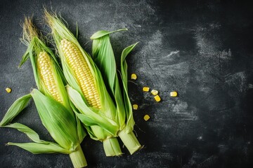 A vibrant corn field with yellow ears of corn scattered across the field, with a few green husks still attached, and a few ears of corn partially husked, revealing the kernels inside.
