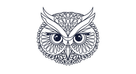 Intricate black and white illustration of an owl's face, showcasing detailed patterns and symmetrical design.