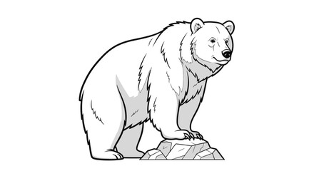 A detailed black and white illustration of a polar bear standing on a rock.