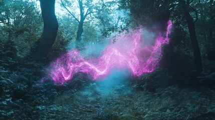 A mystical forest scene with vibrant pink energy flowing through the trees and fog. Nature meets magic in this enchanting landscape.
