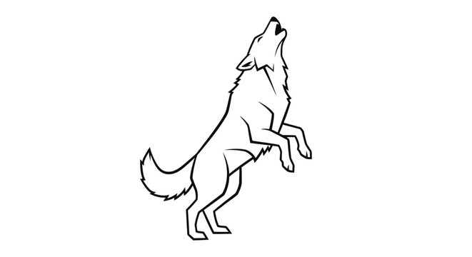 A simple black and white line drawing of a wolf standing on its hind legs and howling upwards.