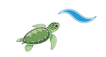A cute green sea turtle swims gracefully through clear blue water with a stylized wave above it.