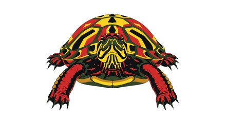 A vibrant, stylized illustration of a turtle with a patterned red, yellow, and black shell, viewed from the front.