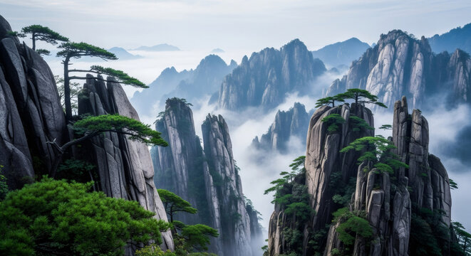 Majestic misty mountain peaks with ancient pine trees reaching skyward in serene landscape.
