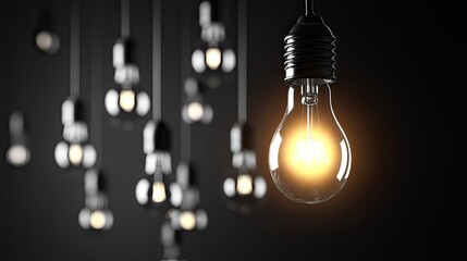 A single, illuminated light bulb hanging above a collection of unlit bulbs. A symbol of innovation, a great idea, and standing out from the competition. High-contrast, conceptual image.