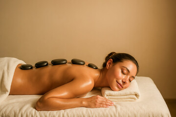 photo of a woman enjoying a calming hot stone massage as smooth dark stones rest along her back, captured in warm soft lighting that conveys deep relaxation, therapeutic wellness, spa experiences