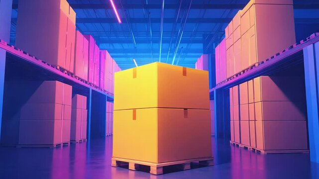 Modern warehouse rows storing inventory boxes with neon lights