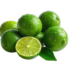 Green citrus fruits grouped, one cut in half. Water droplets visible