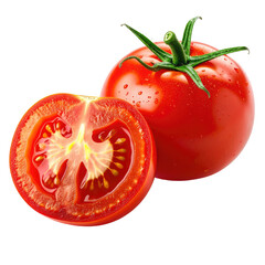 Ripe tomato, half cut, with seeds, stem, and water droplets