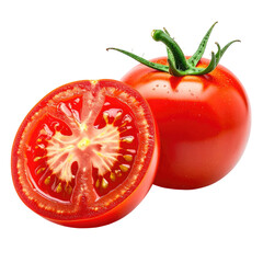 Juicy red tomatoes, one halved with visible seeds, against dark background