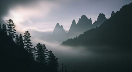 Misty mountain peaks shrouded in ethereal fog at dawn, evoking a sense of serene solitude and natural grandeur.