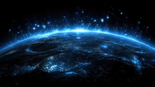 Glowing blue earth with space stars