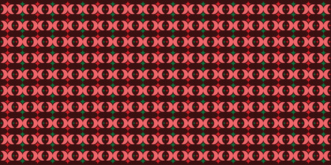 Seamless Festive Geometric Pattern in Dark Maroon with Repeating Pink Interlocking Shapes and Small Red/Green Diamond Accents for Holiday Textiles