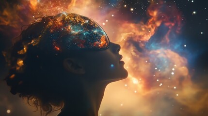 A cosmic journey through the mind. Explore the beauty of the universe within as a woman contemplates the stars.