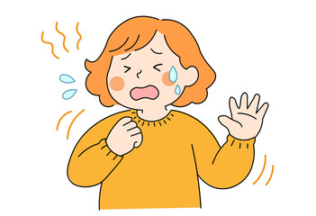 Woman feeling hot while wearing knit sweater illustration for temperature regulation and seasonal change concept