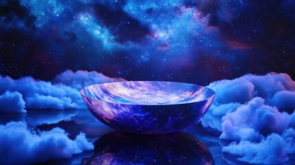 A dreamy bowl in the cosmic sky filled with vibrant colors and clouds. Explore the beauty of the universe through this artwork.