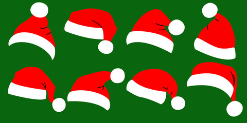Santa Red hat clipart sticker set. Clipart Santa Claus Cap in flat cartoon style for photo decoration. Festive Christmas Vector illustration isolated on white background.