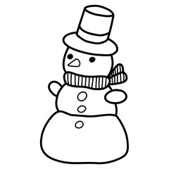 Snowman character. Doodle Christmas cute winter snowman in new year scarve and hat. Children cartoon character. Stock vector illustration isolated on white background.