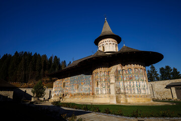 Voroneț Monastery in Romania, famous for its vibrant blue frescoes, UNESCO World Heritage Site