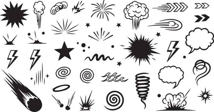 Hand drawn sketch doodle action effect Line speed cartoon effect, boom explosive motion line element set eps