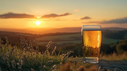 Golden Beer Glass Against a Beautiful Sunset in Nature