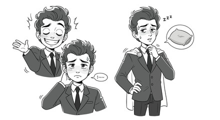 Young Businessman's Burnout: Energetic Facade, Exhausted Reality, and the Corporate Superhero Struggle for Sleep and Well-being