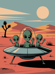 Retro futuristic vector poster of three green aliens in a flying saucer over a desert with orange dunes, Joshua tree, and turquoise sky, 1950s sci-fi style illustration