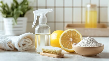 An assortment of natural cleaning supplies: a spray bottle with vinegar solution, lemons, baking soda in a bowl, and a wooden brush on a clean tiled surface, green cleaning concept, 