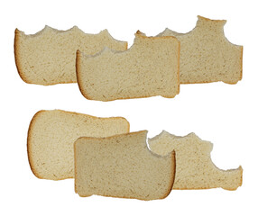 six slices of plain, lightly toasted white bread, all displaying obvious jagged bite marks along the edges, arranged in neat rows and isolated on black.