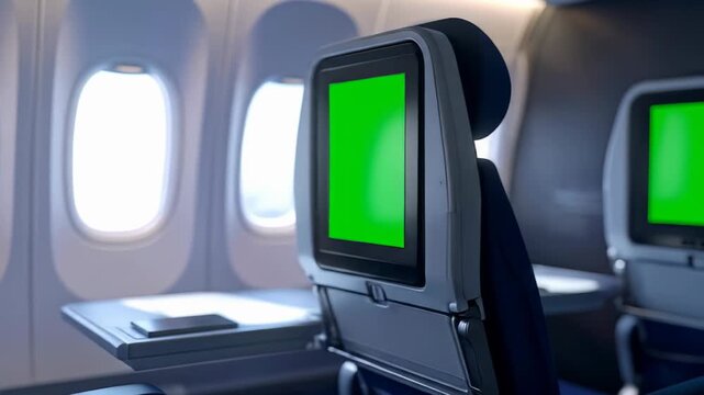 Airplane seat with blank green screen entertainment system for your travel needs