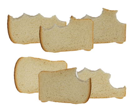 six slices of plain, lightly toasted white bread, all displaying obvious jagged bite marks along the edges, arranged in neat rows and isolated on black.