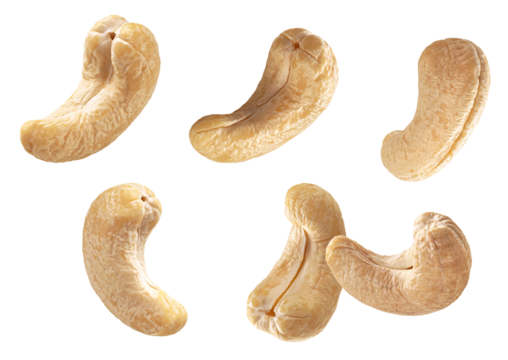 a photograph capturing five raw or roasted cashew nuts floating dynamically in the air, emphasizing their characteristic curved shape, isolated on a pure transparent background.