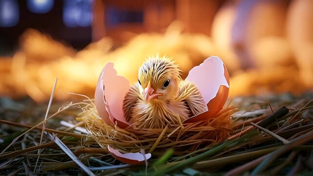 Newly hatched chick emerging from egg in straw nest indoors  