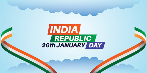 India Republic Day Celebration Banner with Tricolor Ribbons and Cloud Background