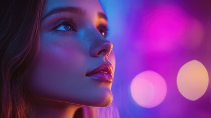 A young woman gazes upward, her face illuminated by vibrant lights, showcasing beauty and emotion under colorful hues.