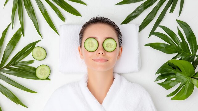 Refreshing Cucumber Eye Treatment. Woman lying back with cool cucumber slices on her eyes, wrapped in a plush white towel, surrounded by fresh greenery.