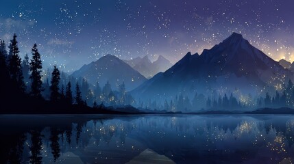 Epic night scenery: mountains, crystal lake, and twinkling stars with magical light in fantasy digital art