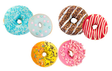 a delicious photograph of six assorted colorful glazed donuts floating and isolated on a clean transparent background, perfect for dessert menus and bakeries.