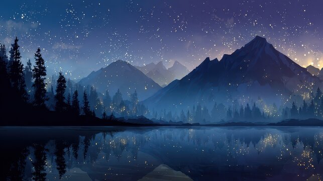 Epic night scenery: mountains, crystal lake, and twinkling stars with magical light in fantasy digital art