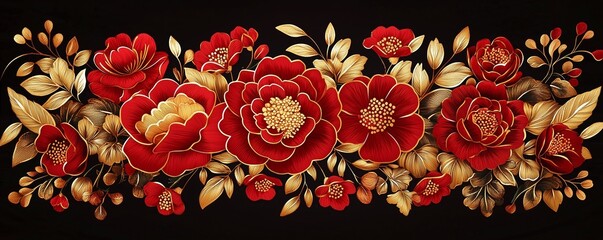 Traditional Red and Gold Floral Background. Deep red floral motifs, golden embroidery details on black background.