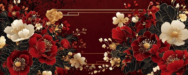 Traditional Red and Gold Floral Background. Deep red floral motifs, golden embroidery details.