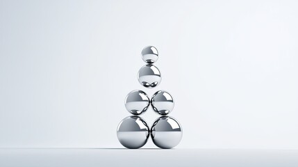 perfectly balanced pyramid of polished chrome spheres, representing stability and structure in a complex system, reflecting a high-tech environment, minimalist, studio lighting.