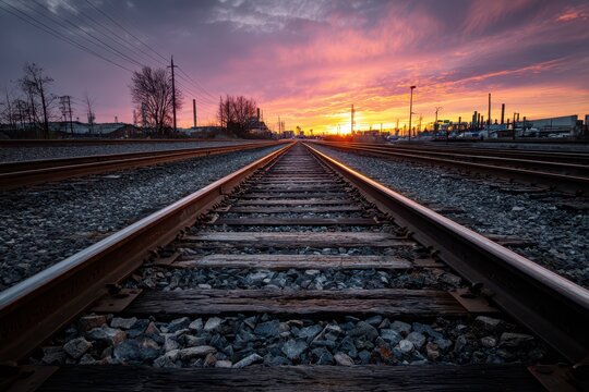 Evening railway tracks stretching toward the horizon in a moody dusk setting