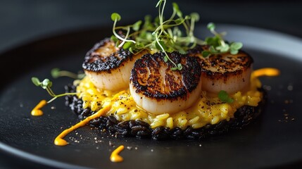 perfectly plated dish of pan-seared scallops on a bed of black squid ink risotto, decorated with delicate microgreens and a swirl of saffron aioli, on a dark slate plate, 