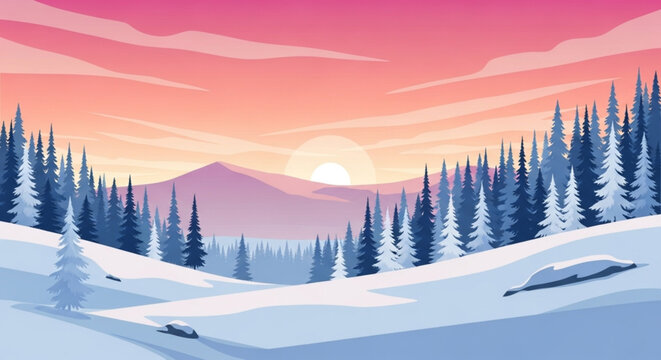 Snowy Sunset River Landscape with Pine Trees &ndash; Winter Vector Art